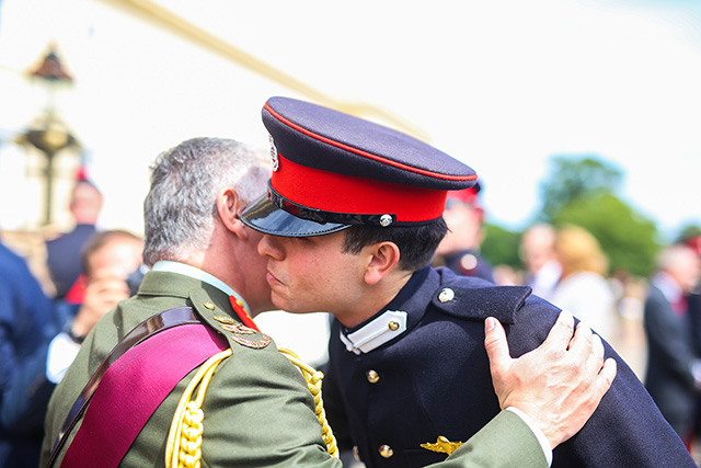His Majesty King Abdullah and HRH Prince Hussein are seen at the graduation ceremony of Sandhurst military college in the UK on Friday, where His Majesty acted as patron